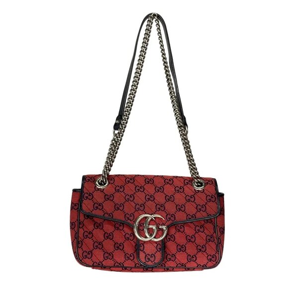 Auth GUCCI GG Marmont Quilting Small Shoulder Bag Red Navy Jacquard - Picture 1 of 14